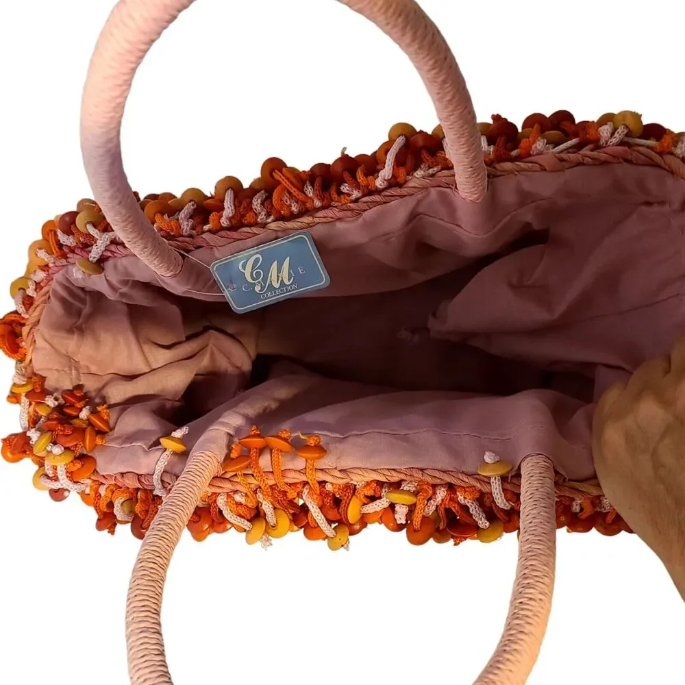 Pink Weaved Straw Hand Bag w/Orange/Tan Wood Beads Drawstring Closure NWT‎